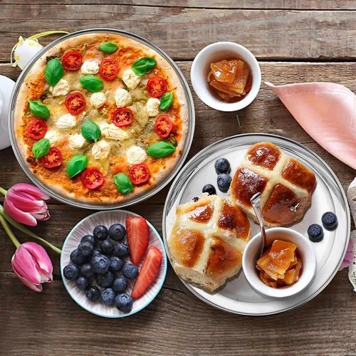 Miniatura 3 de P&P CHEF Bandeja redonda de acero inoxidable para pizza de 10 pulgadas, bandeja para hornear pizzas, bandeja para servir carne de galletas, horno