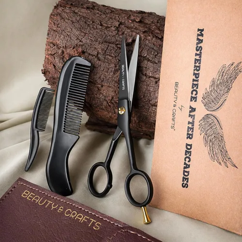 Miniatura 7 de Beauty & Crafts Tijeras profesionales de 5 pulgadas para barba y bigote para hombre, tijeras de corte de barba de acero inoxidable alemán con 2 Negro