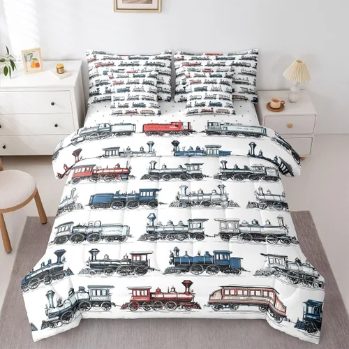Miniatura 10 de Feelyou Juego de edredón de tren vintage de 7 piezas, diseño retro de motor de vapor para niños y niñas, juego de ropa de cama retro de tren