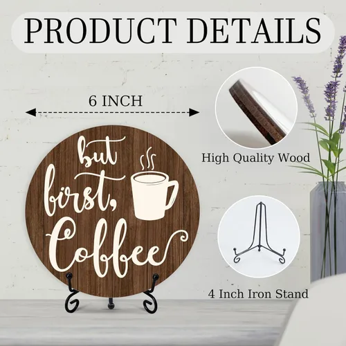 Miniatura 2 de Letrero de barra de café, decoración de café para cafetería, placa redonda de madera de granja con soporte, letreros de café con temática de «But