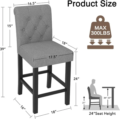 Miniatura 2 de LSSBOUGHT Juego de 2 taburetes tapizados de 24 pulgadas, taburetes de bar de tela con respaldo, sillas de bar con altura de mostrador con patas