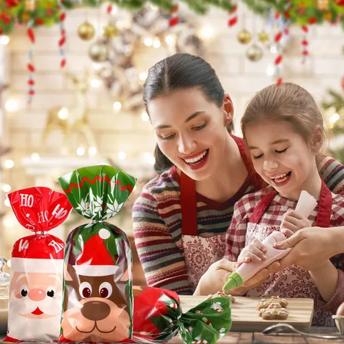 Miniatura 5 de Blulu 180 Piezas Bolsas de Celofán de Plástico para Dulces y Regalos de Navidad con 200 Ataduras Doradas y Plateadas para Navidad Xmas Santa