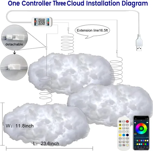 Miniatura 2 de Luces LED de nube para dormitorio, kit de iluminación nocturna creativa multicolor, sincronización de música con aplicación, tiras de luces que