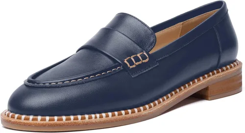 Miniatura 22 de FOGEENA Mocasines de cuero mate para mujer, estilo casual, sin cordones, punta redonda, tacón bajo grueso, zapatos de vestir de 1 pulgada