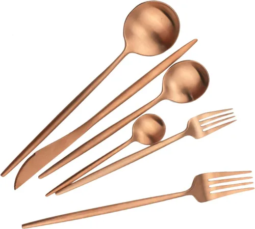 Miniatura 3 de Cuchara moderna con manchas de cobre, 6 piezas de acero inoxidable 304 color oro rosa mate, cuchara de postre de 7.2 pulgadas, vajilla