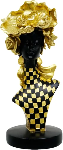 Miniatura 8 de Lescafita Escultura de mujer africana con tocado de flor dorada, figura de resina negra y dorada para decoración del hogar, elegante estatua de dama