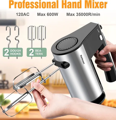 Miniatura 2 de Batidora de mano eléctrica de 600 W con 6 cuencos de mezcla con juego de tapas herméticas, mezclador eléctrico de mano de acero inoxidable de metal