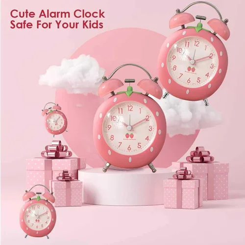 Miniatura 3 de Bonito reloj despertador de fresa de 4 pulgadas para personas que duermen con luz de fondo, reloj despertador de campana doble ruidosa para niños