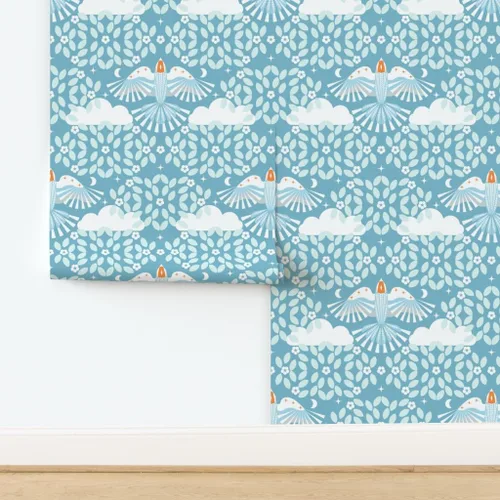 Miniatura 4 de Removable Wallpaper Swatch - Blue Sky Folk Art Orange Aqua Maximalist Magic Lucid Dreaming Scandi Scandinavian Mystical Large Custom Pre-Pasted
