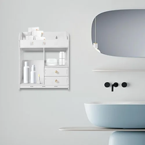 Miniatura 2 de Armario de baño, estante montado en la pared con cajón, estantes de madera para medicamentos, organizador de almacenamiento sobre el inodoro