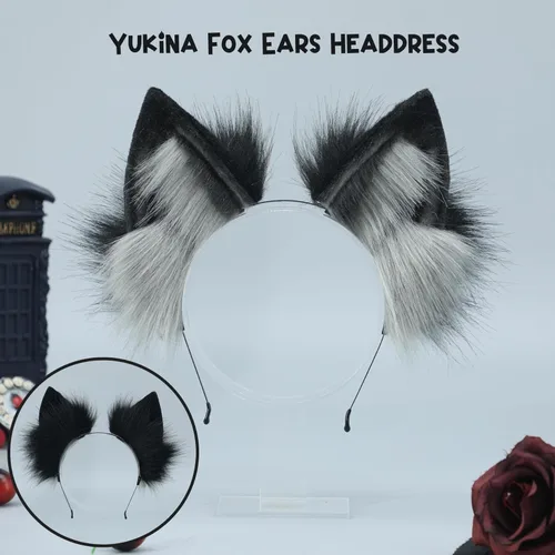 Miniatura 2 de Kidukso Fox Ears Headwear Simulación Animal Fur Fox Ears Tocado Vestir Cosplay Fiesta Anime Comic Con Prop Headwear Negro y gris
