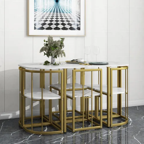 Miniatura 2 de Quarte Moderno juego de mesa de comedor de 7 piezas con mármol sintético, juego de mesa de cocina de metal compacto, diseño de silla triangular