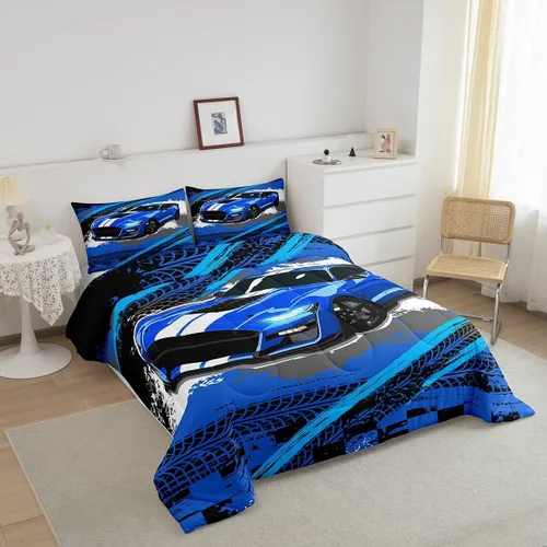 Miniatura 2 de Juego de edredón azul de coche deportivo para niños y hombres, juego de ropa de cama de auto de carreras de graffiti tamaño individual, edredón