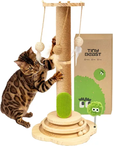 Miniatura 9 de TINYBEAST Poste rascador de madera para gatos, juguete rascador de gato 4 en 1 con pistas de bolas para gatos, poste rascador de sisal de 18
