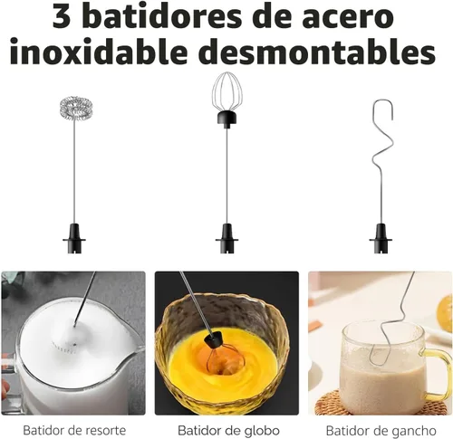 Miniatura 5 de Espumador de leche recargable de mano con 3 batidores desmontables de acero inoxidable, batidor eléctrico de 3 velocidades ajustables