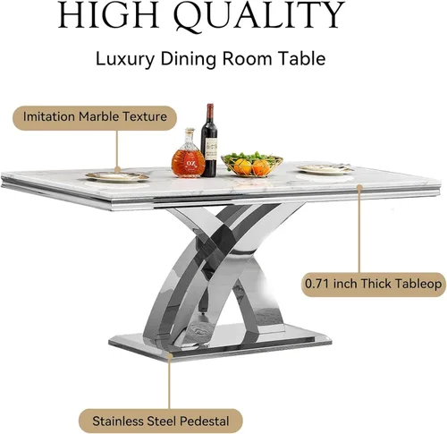 Miniatura 5 de Moderno juego de mesa de comedor de mármol sintético de 68.11 pulgadas para 6, mesa de comedor de mármol blanco y plateado con 6 sillas de Blanco
