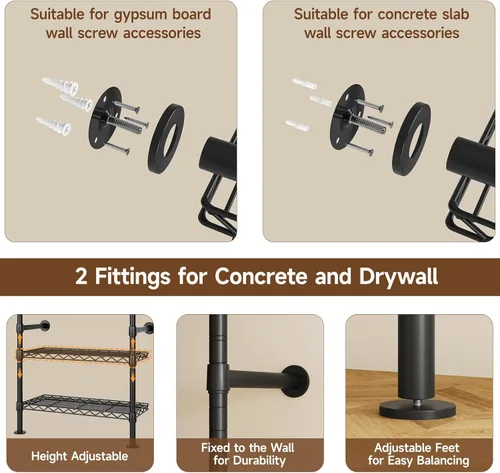 Miniatura 5 de L3 - Sistema de organizador de armario industrial de tuberías, perchero de pared con 4 varillas telescópicas y 6 estantes, sistema de armario Negro