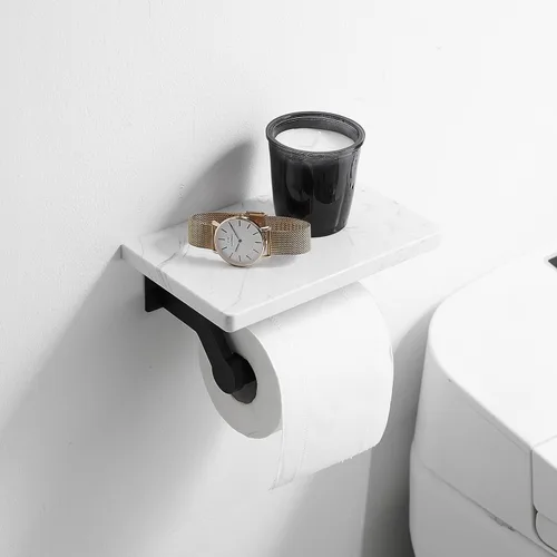 Miniatura 2 de Soporte de papel higiénico de aluminio negro mate Hoimpro con estante de mármol natural blanco, soporte de almacenamiento de rollo de papel de mano