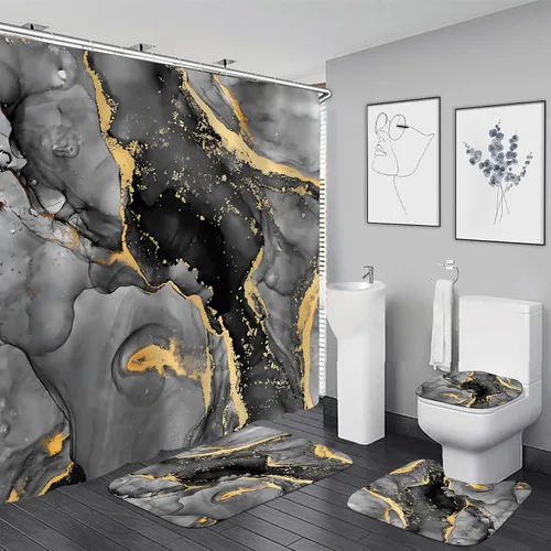 Nkzply Juego de 4 Piezas de Cortina de Ducha de Mármol Negro Gris Moderno Abstracto Juegos de Baño con Cortina de Ducha y Alfombras Cortinas de