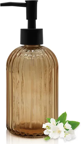 Dispensador de jabón de vidrio ámbar de 14 onzas con bomba negra, recargable para jabón de manos, jabón de platos, loción, adecuado para cocina,
