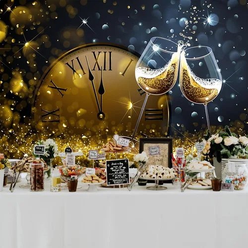 Miniatura 4 de Telón de fondo de 5 x 3 pies para fiesta de feliz año nuevo, copas de vino de champán brillante, Bokeh Halos, telón de fondo de vinilo