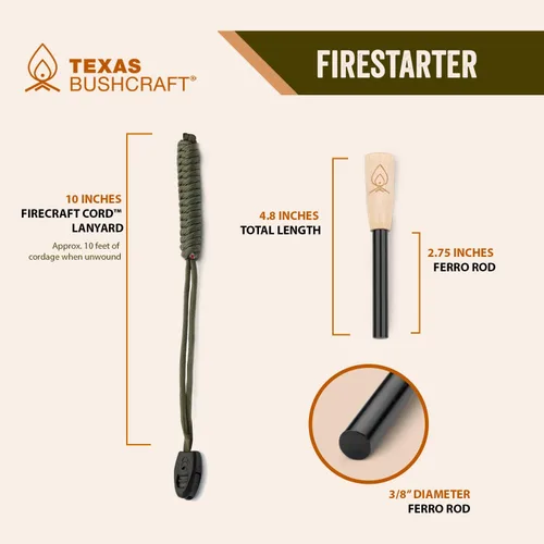 Miniatura 6 de Kit de supervivencia con iniciador de fuego Texas Bushcraft - Barra de hierro y pedernal de acero, herramienta con golpeador Bolsa de yesca
