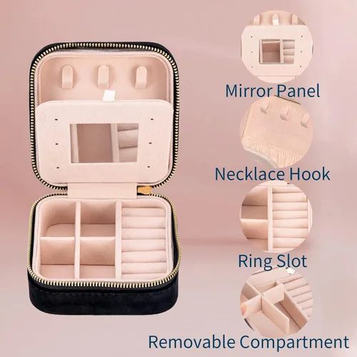 Miniatura 3 de Joyero de terciopelo de viaje con espejo mini estuche de regalo para mujeres y niñas pequeñas cajas organizadoras portátiles para anillos aretes
