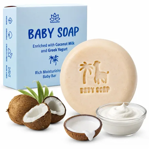 Relaxcation Barra de jabón orgánica para bebés con yogur griego y leche de coco, procesada naturalmente en frío a partir de ingredientes orgánicos,