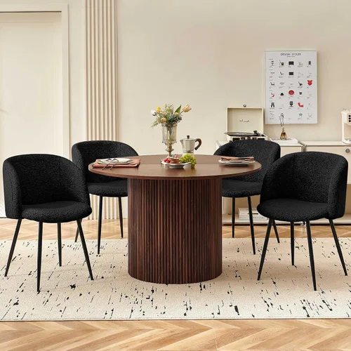 Miniatura 8 de Homedot Juego de mesa de comedor redonda de 5 piezas para 4, mesa de cocina de nogal de 47 pulgadas y sillas tapizadas para comedor, juego de mesa