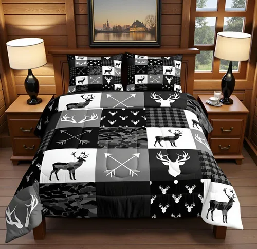 Miniatura 150 de Juego de edredón de cuernos de ciervo tamaño individual, juego de ropa de cama rústica de granja con huellas de oso y pinos para decoración
