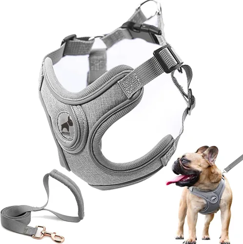 Miniatura 16 de Arnés para perro con juego de correa, arneses para cachorros con acolchado transpirable para entrenamiento y carrera de perros pequeños (XS, gris)