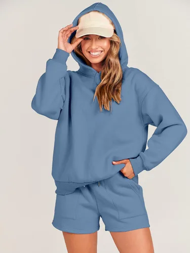 Miniatura 7 de ANRABESS Conjunto de 2 piezas para mujer, sudadera con capucha de gran tamaño, pantalones cortos, sudadera para descansar, ropa deportiva de moda