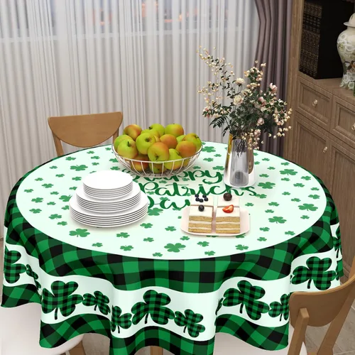 Miniatura 3 de Mantel redondo del Día de San Patricio de 60 pulgadas, diseño de trébol verde, a cuadros, lavable, para cocina, mesa de comedor, fiesta, picnic
