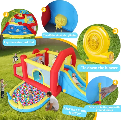 Miniatura 6 de Casa inflable de rebote para niños de 9 en 1 con tobogán alto, piscina de pelotas, juego de fútbol de habilidad, juego de sacos de arena