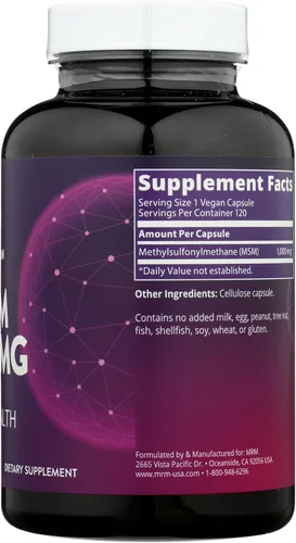 Miniatura 5 de MRM Nutrition MSM 1000mg - Para mujeres y hombres - Cápsulas de metilsulfonilmetano puro, suplemento MSM biodisponible para soporte