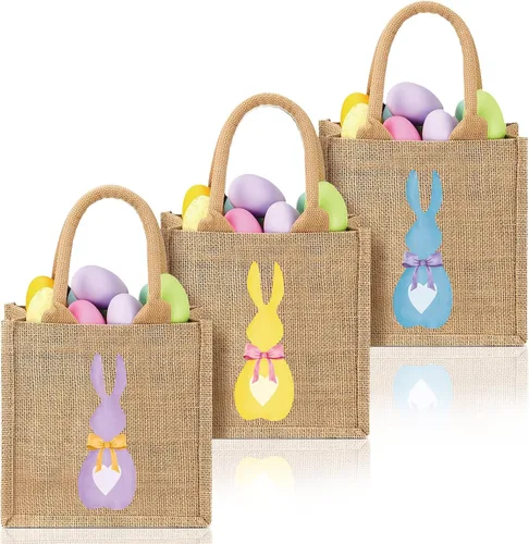 3 bolsas de arpillera de Pascua, cesta de Pascua de conejo, artículos esenciales de búsqueda de huevos de primavera, bolsa de regalo para niños y