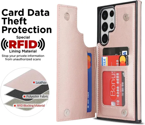 Miniatura 3 de Asuwish Funda de teléfono para Samsung Galaxy S22 Ultra 5G con protector de pantalla de vidrio templado y soporte de tarjeta de crédito RFID de Oro