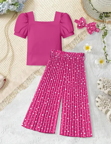 Miniatura 45 de DONWEN Conjunto de 3 piezas de ropa para niñas pequeñas y niñas con cuello cuadrado + pantalones elegantes + diadema para primavera y verano