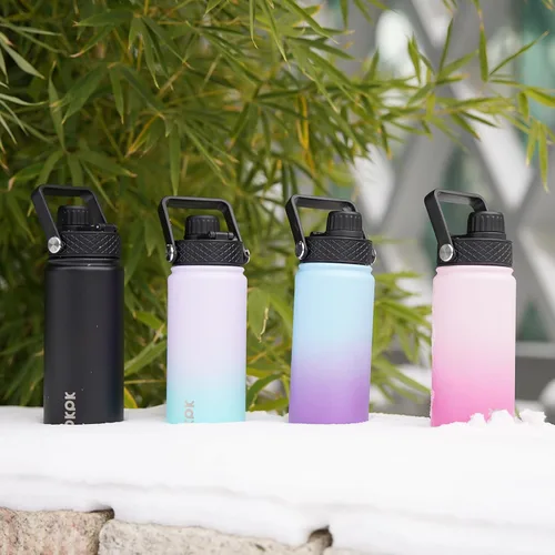 Miniatura 6 de BJPKPK Paquete de 2 botellas de agua aisladas con tapas con pajita, botella de agua de metal de acero inoxidable de 18oz con 6 tapas, jarras a