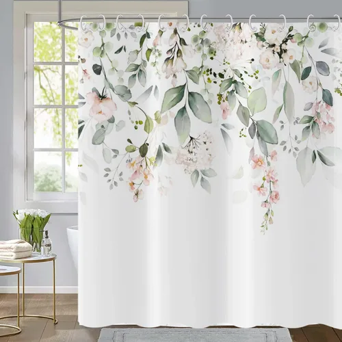 Miniatura 33 de Cortina de ducha de eucalipto, hojas verdes de acuarela en la parte superior con cortina de baño floral, decoración de baño para bañera, tela Hoja