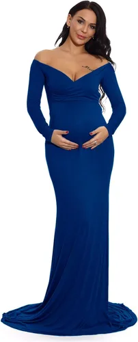 Miniatura 2 de ZIUMUDY - Vestido ajustado de maternidad con cuello en V fruncido, hombros descubiertos, manga larga, maxivestido para fotografía