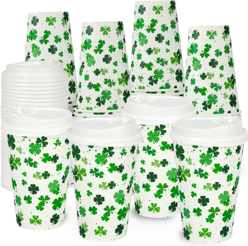 Paquete de 80 tazas de 12 onzas para el Día de San Patricio, tazas de café desechables de papel con tapas, tazas de trébol verde para bebidas frías