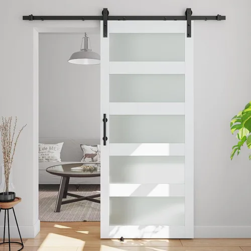 Miniatura 19 de Puerta corrediza de granero de vidrio de 5 paneles de 42 x 84 pulgadas con kit de herrajes de 7 pies incluido, fácil montaje con agujeros Blanco