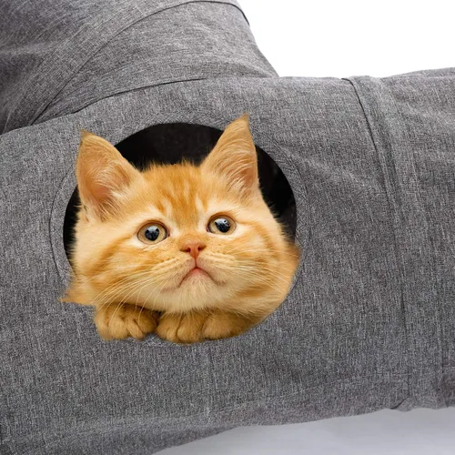 Miniatura 4 de Ownpets Túnel para gatos, túnel plegable de 3 vías, tubo para gatos de 47 pulgadas de largo con bola de felpa y juguete de plumas, túnel de juego