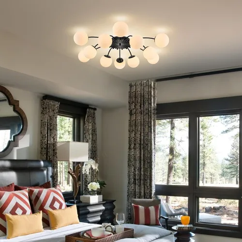 Miniatura 3 de Lámpara de araña Sputnik de 12 luces, color negro con burbujas de vidrio de leche Luces de techo semi empotradas, acento de flor, Art Deco