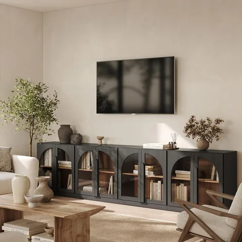 Miniatura 17 de BELLEZE Juego de soporte modular de TV de 4 piezas, centro de entretenimiento moderno con asas anchas de madera, aparadores con estantes ajustables