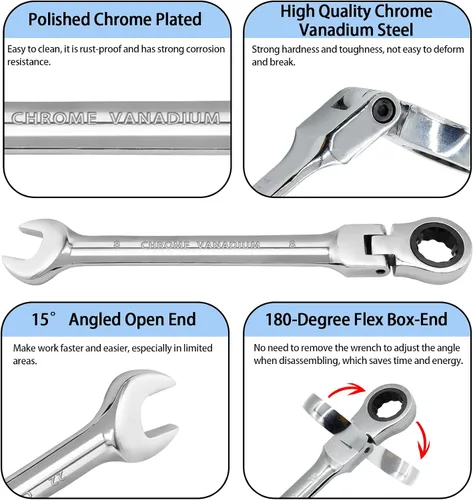 Miniatura 3 de Llave de trinquete de cabeza flexible de 0.315 in, llave combinada de acero al cromo vanadio de 12 puntos con engranaje de trinquete de 72 dientes