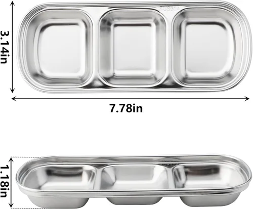 Miniatura 9 de 3 cuencos de acero inoxidable para salsa de soja, 3 rejillas divididas, platos de acompañamiento para salsa de soja, salsa de tomate, condimentos