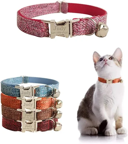 Miniatura 14 de Collar de gato personalizado con placa de nombre, collares ajustables de nailon resistente para identificación de gato con campana, personaliza