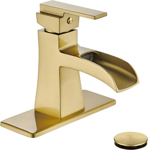 Miniatura 9 de Grifo de baño de cascada de níquel cepillado, grifo de lavabo de baño de una sola manija con desagüe pop-up y placa de cubierta para 1 o 3 orificios